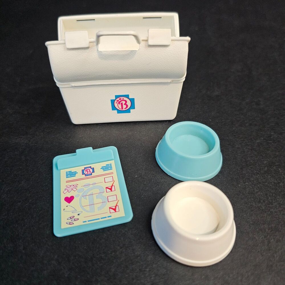 Vtg Barbie Doll Veterinarian Bag w Accessories Medical Chart Bowls 2"